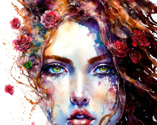 Watercolor portrait of a woman with green eyes and roses