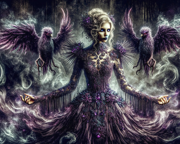 Mystical figure in detailed gown with crow-like creatures