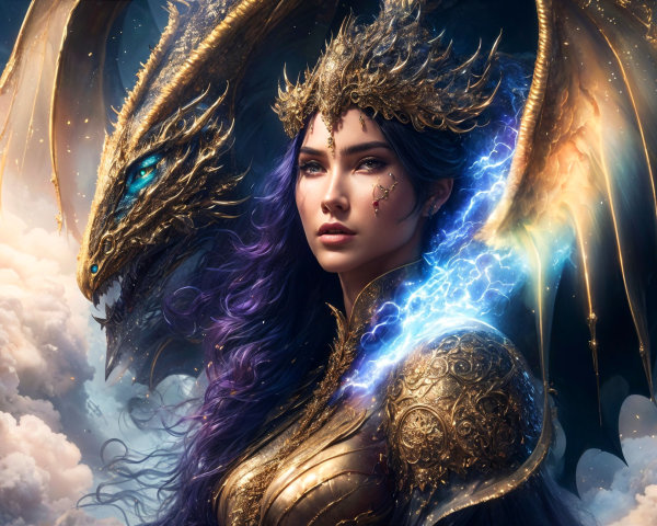 Female figure in golden armor with a dragon backdrop