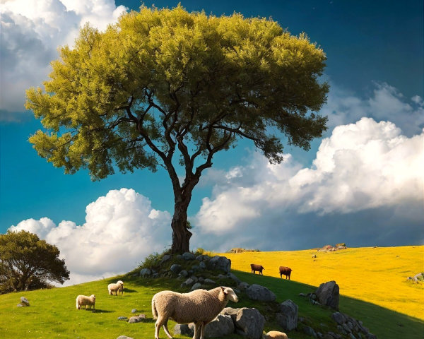 Majestic Tree and Grazing Sheep in Serene Landscape