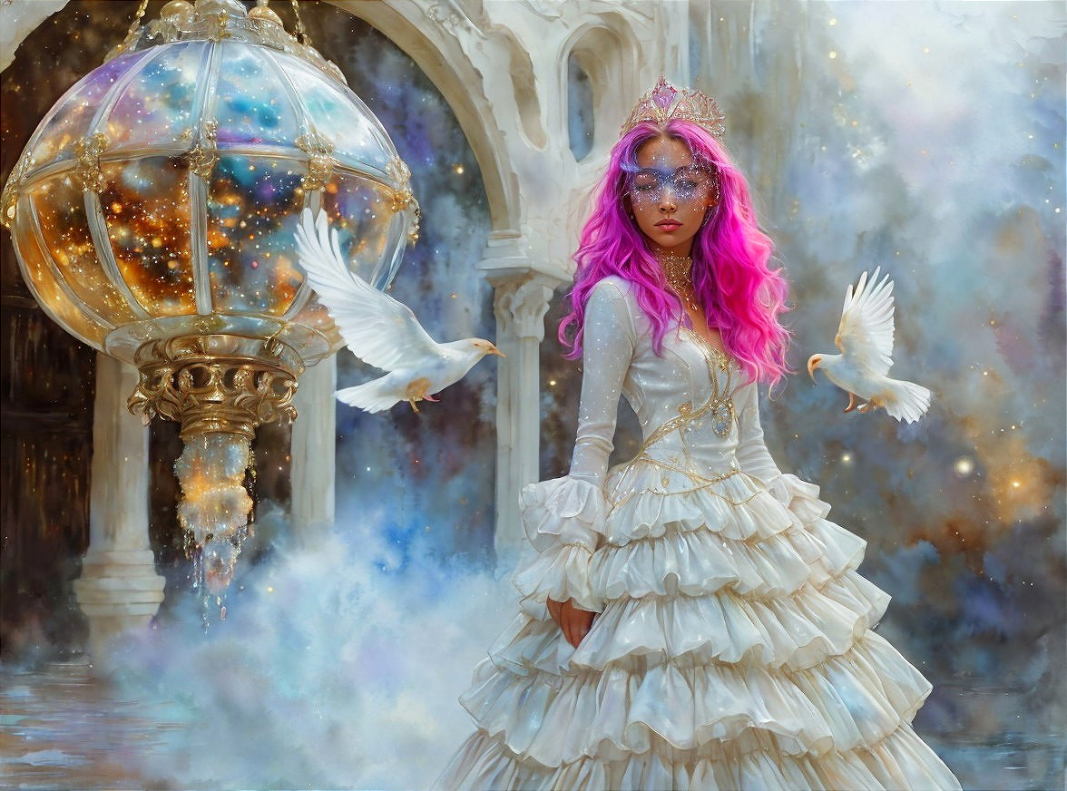 Mystical Scene of Woman in Elegant White Dress