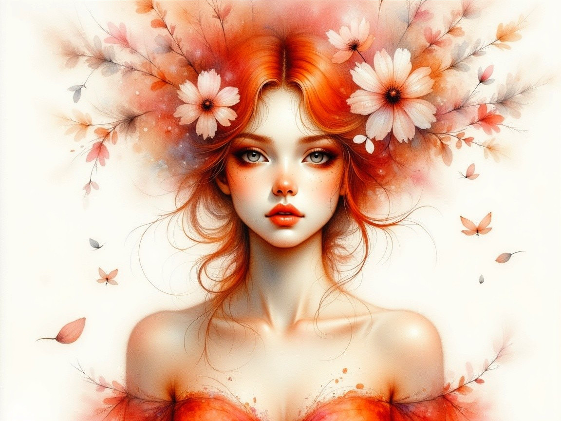 Portrait of a Young Woman with Red Hair and Flowers