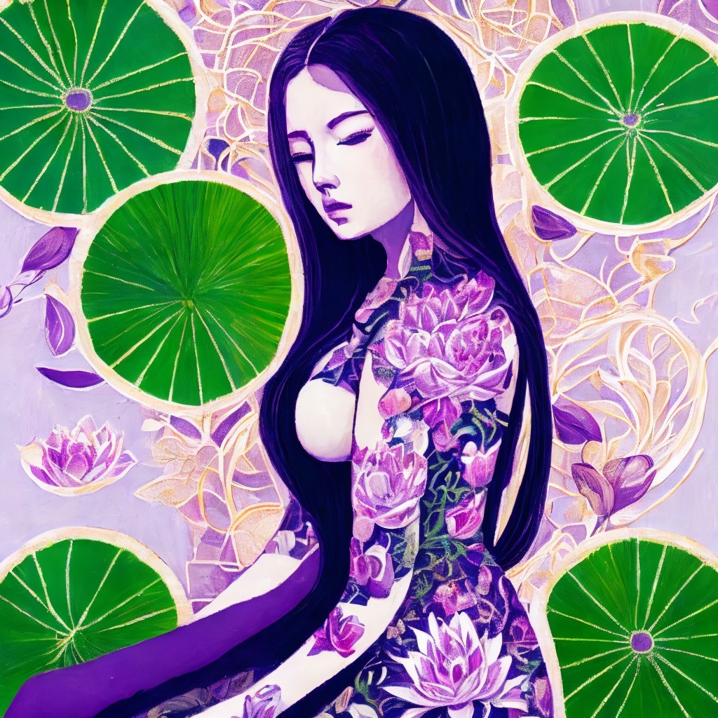 Serene Figure in Floral Garment with Lotus Leaves