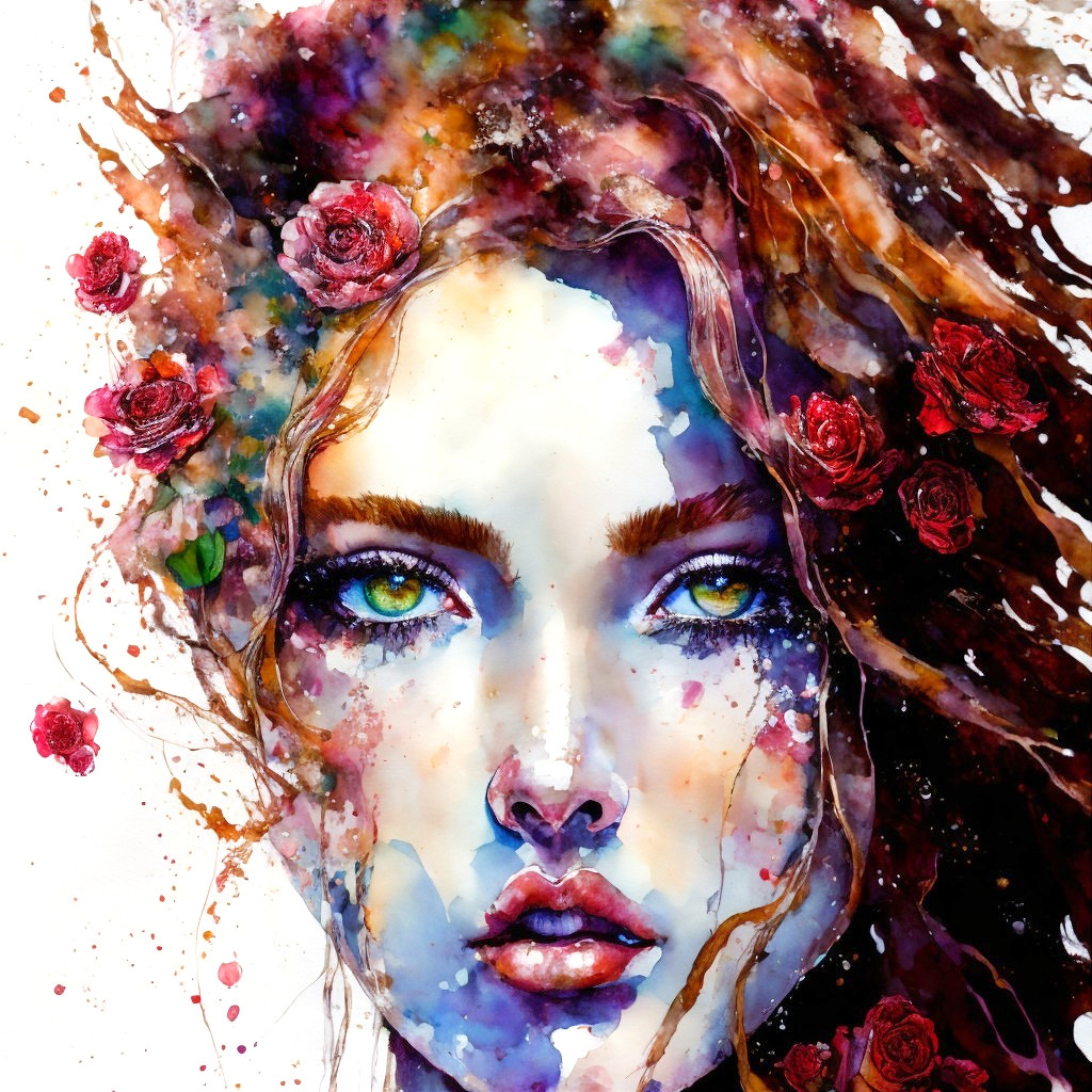 Watercolor portrait of a woman with green eyes and roses