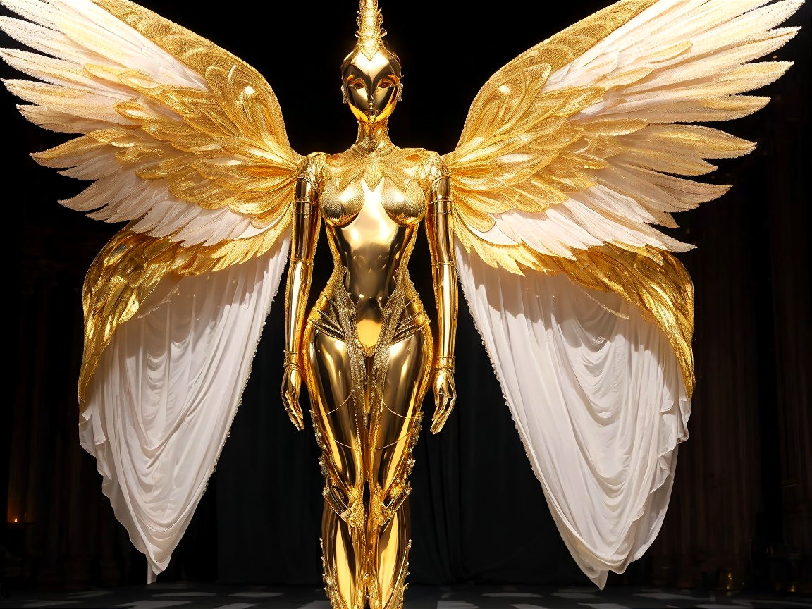 Golden Humanoid Statue with White Fabric Wings