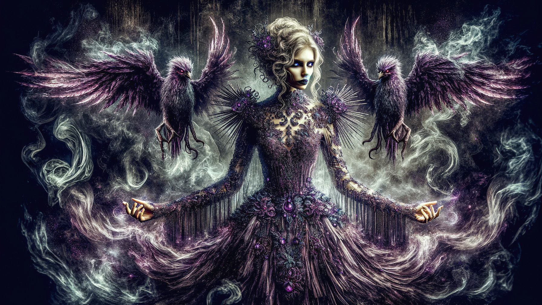Mystical figure in detailed gown with crow-like creatures