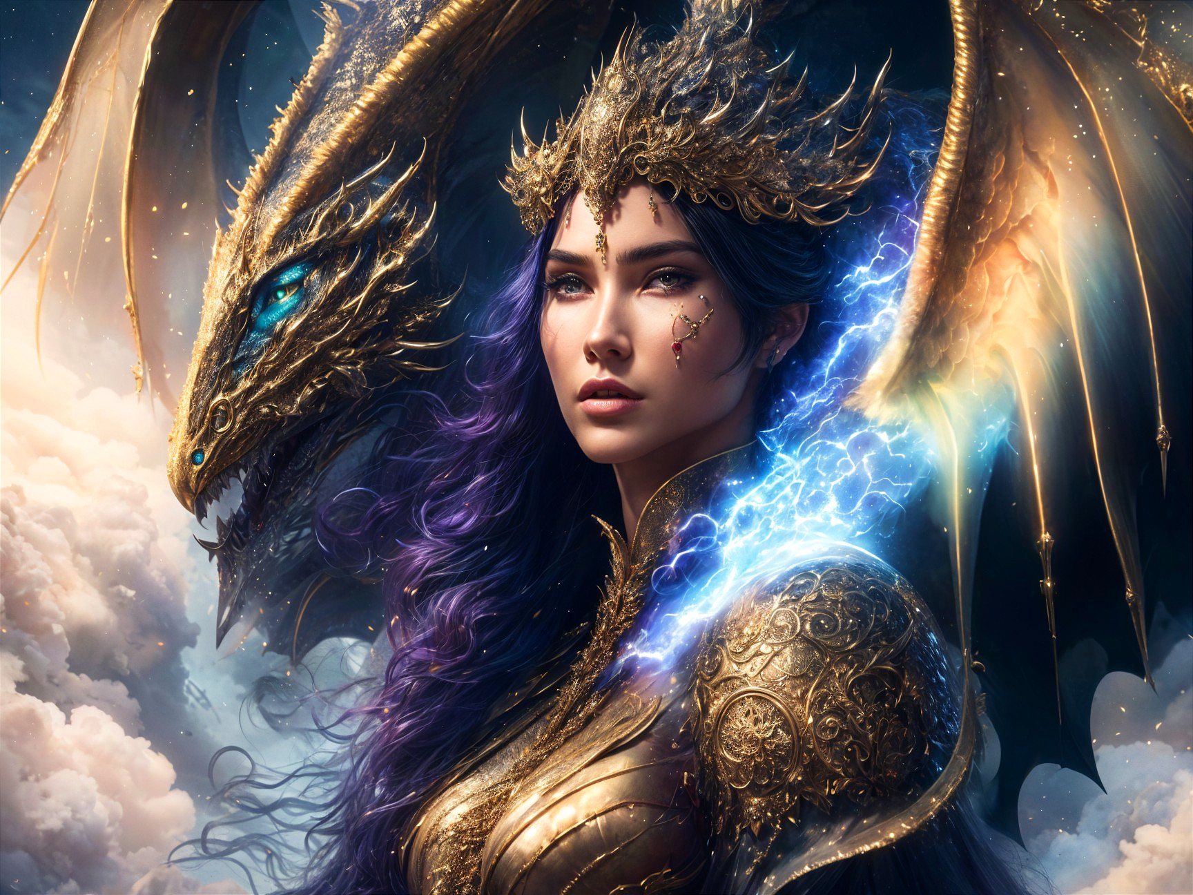 Female figure in golden armor with a dragon backdrop