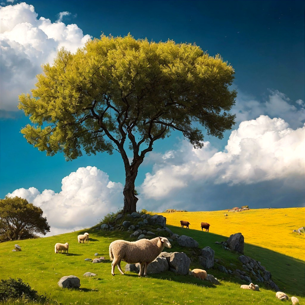 Majestic Tree and Grazing Sheep in Serene Landscape