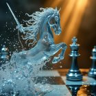 Translucent glass unicorn in a magical landscape