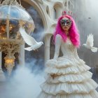 Mystical Scene of Woman in Elegant White Dress