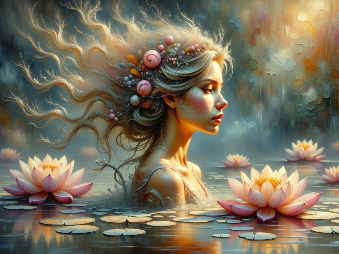 Serene figure rising from tranquil water with lotus flowers