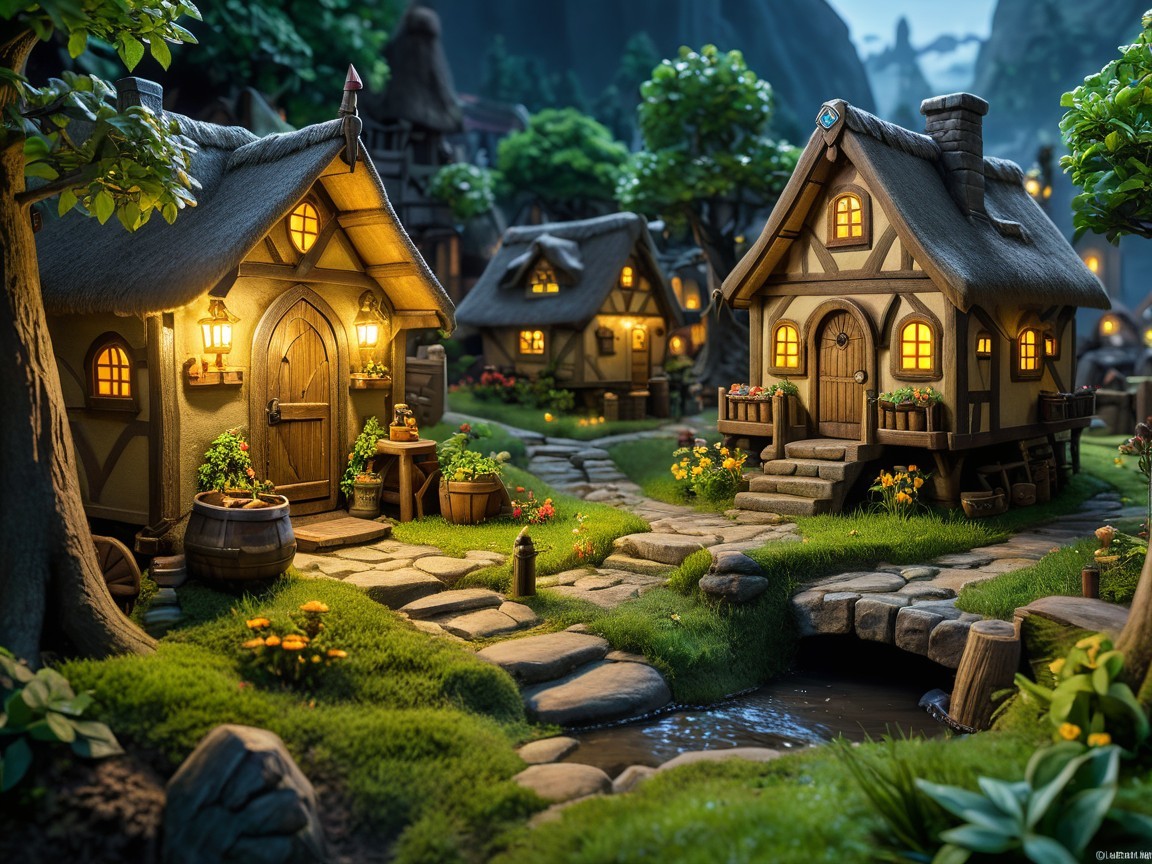 Charming Fantasy Village at Dusk with Lush Greenery
