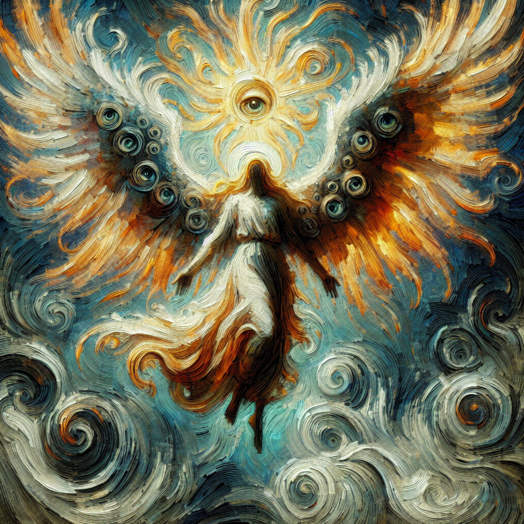 Majestic angel with colorful wings in swirling clouds