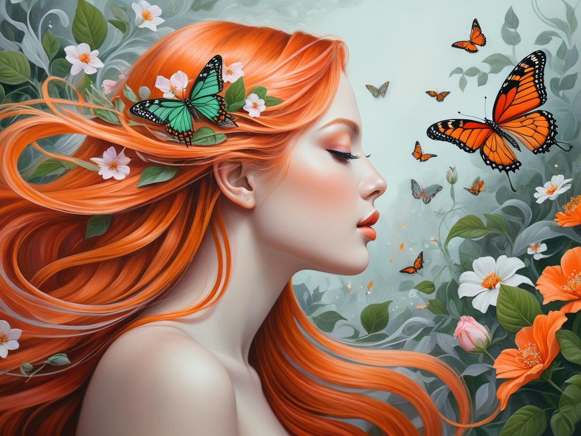 Young woman in garden with butterflies and flowers