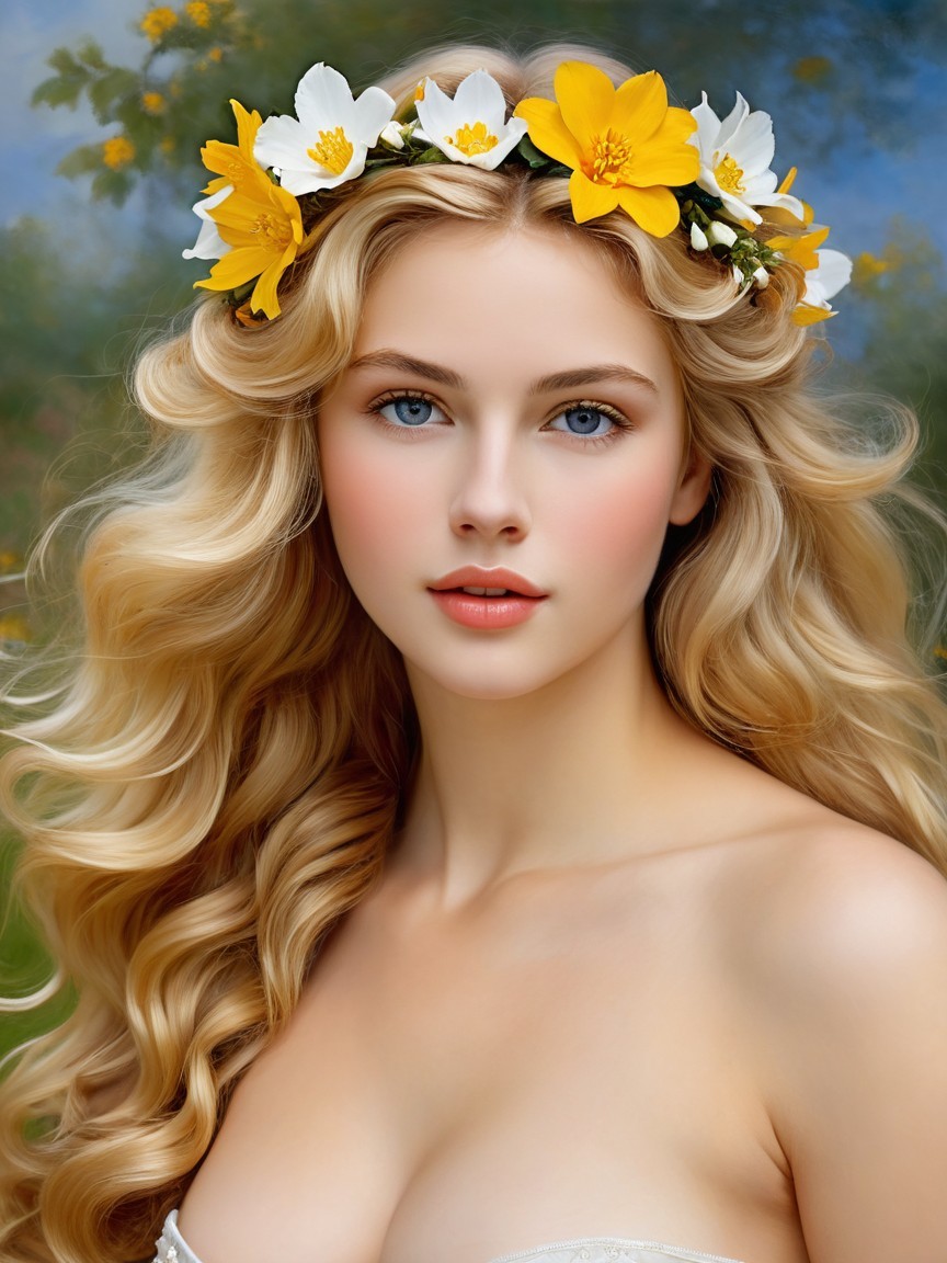 Young woman with blonde hair and floral crown in garden