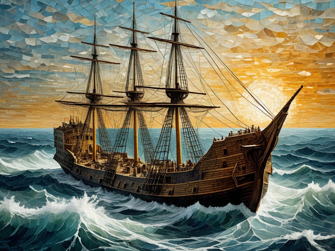 Majestic Three-Masted Ship in Ocean Waves at Sunset