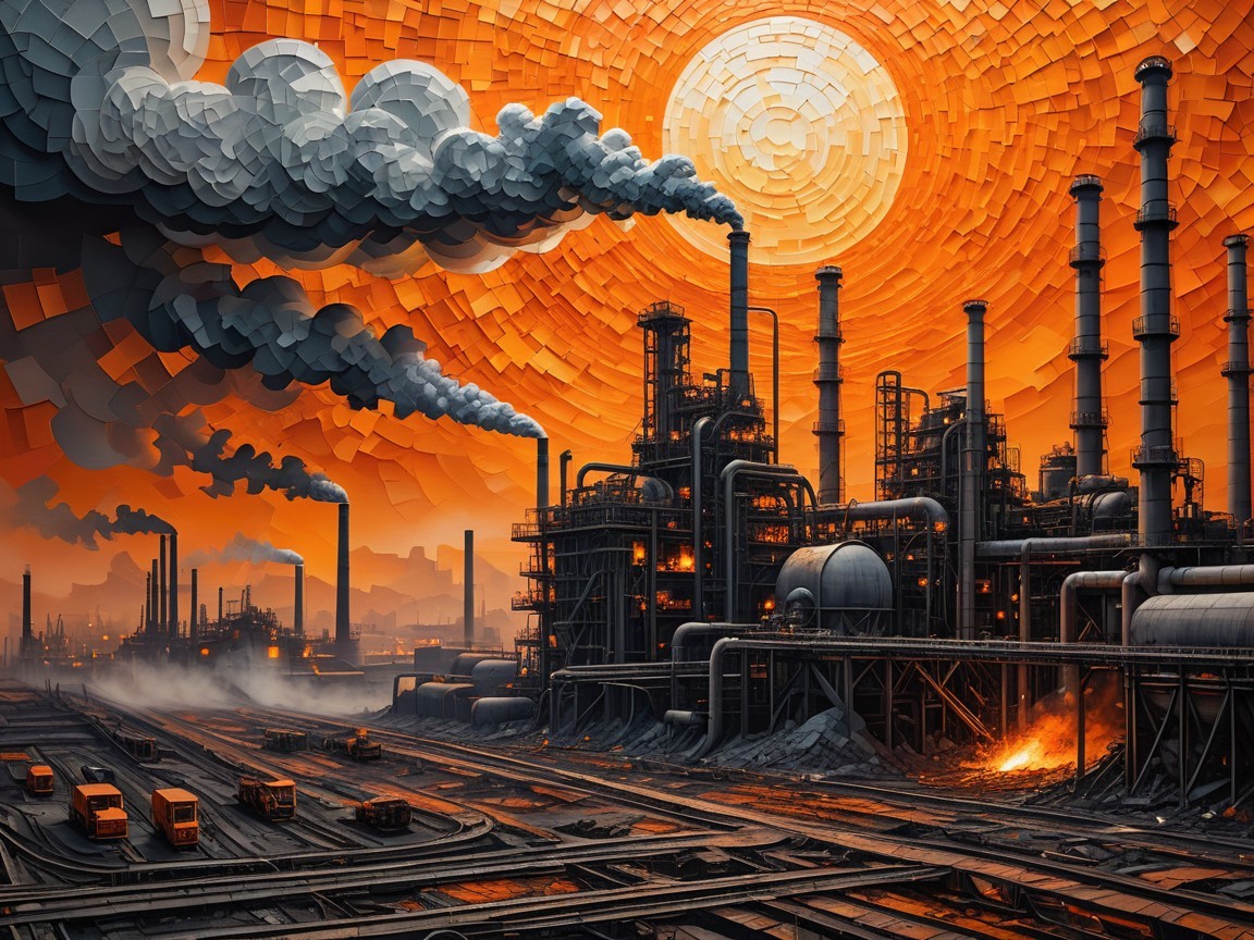 Industrial Landscape at Sunset with Smokestacks and Tracks
