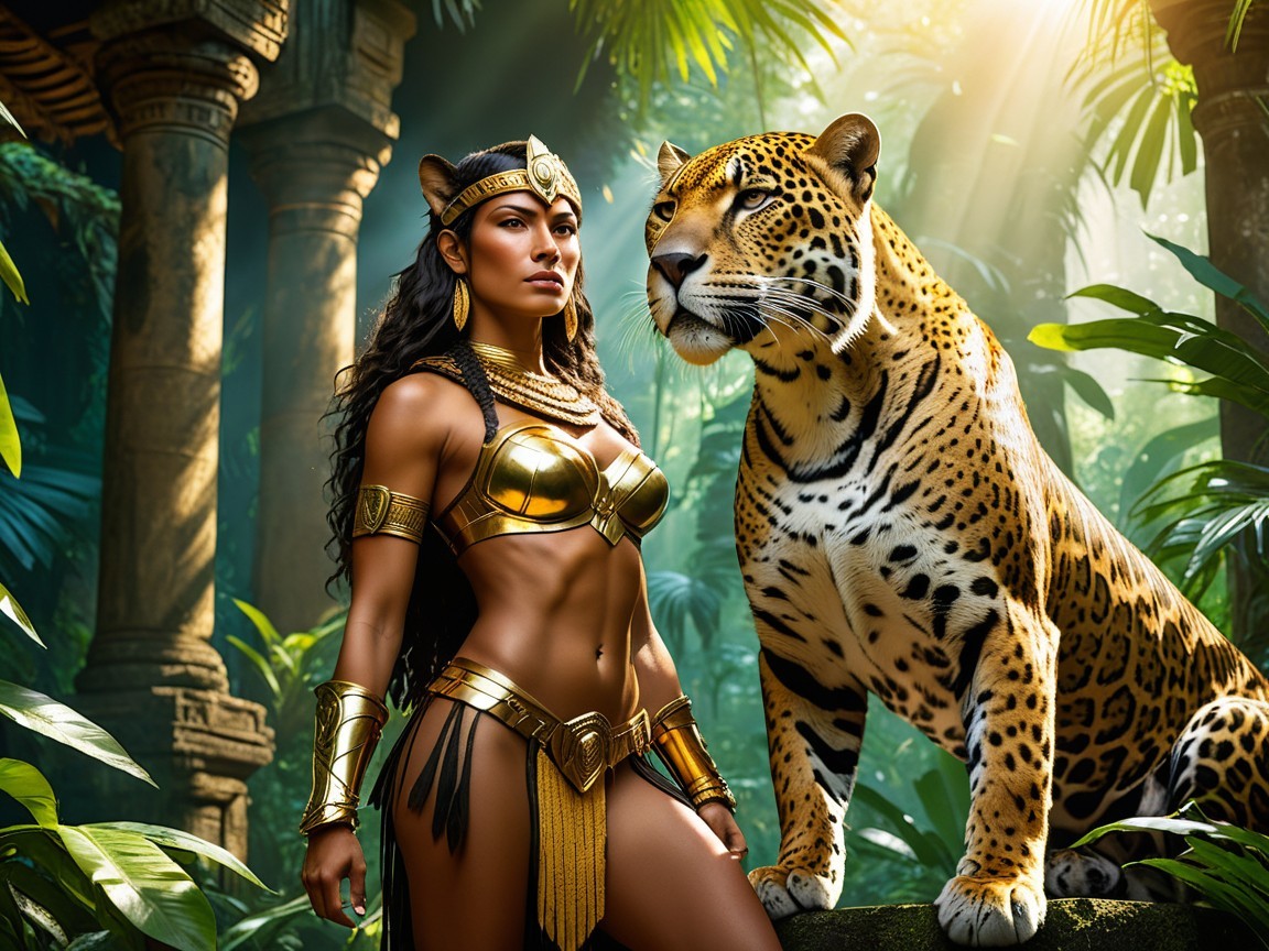 Warrior Woman in Gold Armor with Majestic Leopard