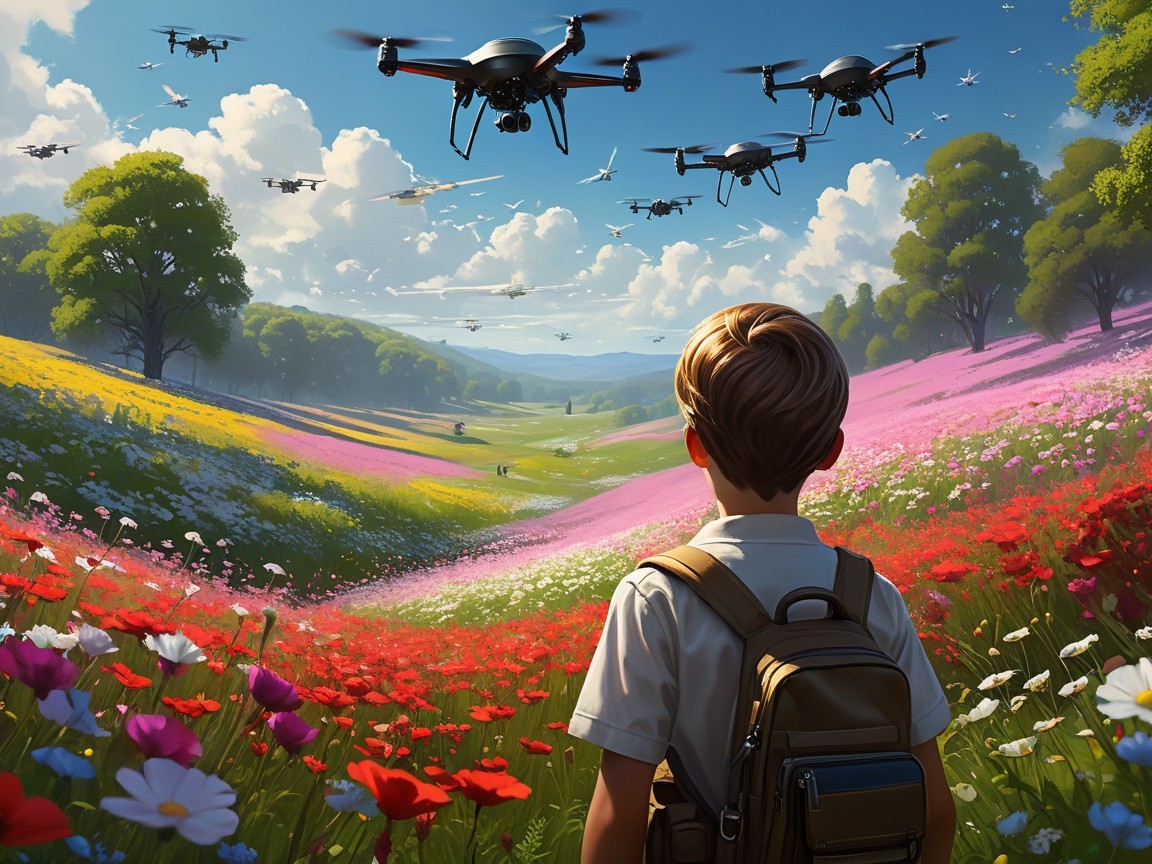 Young boy in flower-filled valley observes drones