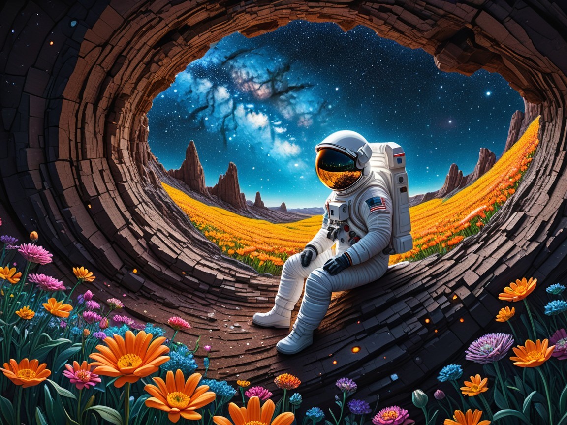 Astronaut Observing Colorful Landscape and Galaxy