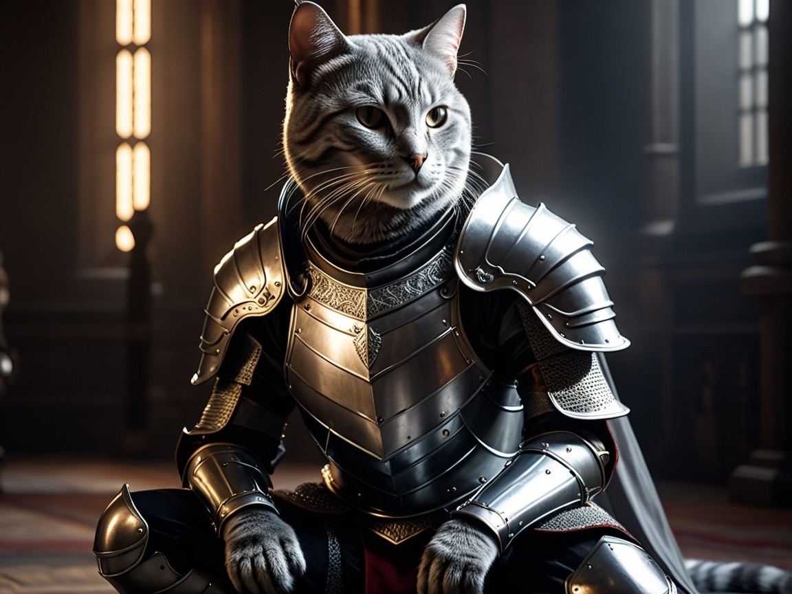 Regal Cat in Silver Armor in Medieval Chamber