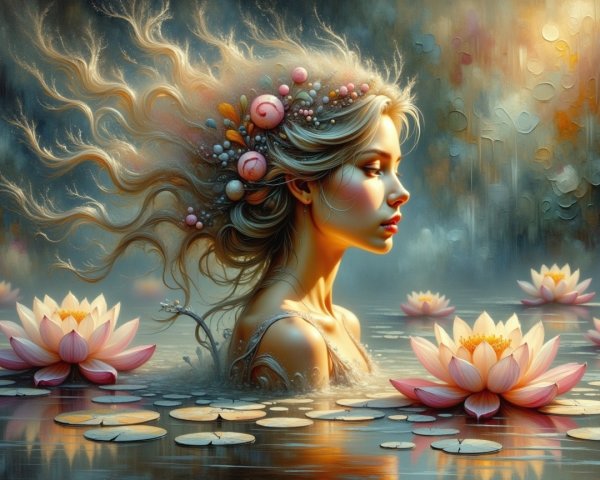 Serene figure rising from tranquil water with lotus flowers