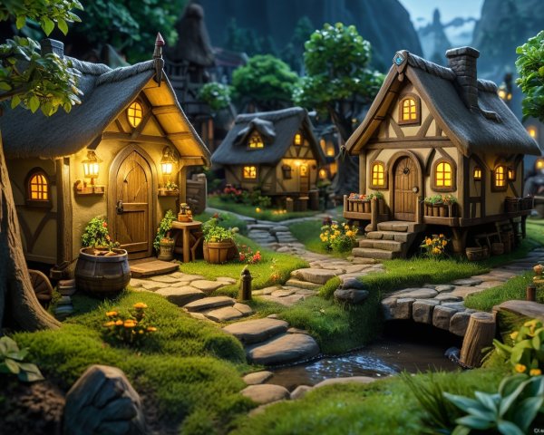 Charming Fantasy Village at Dusk with Lush Greenery