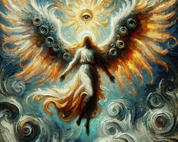 Majestic angel with colorful wings in swirling clouds