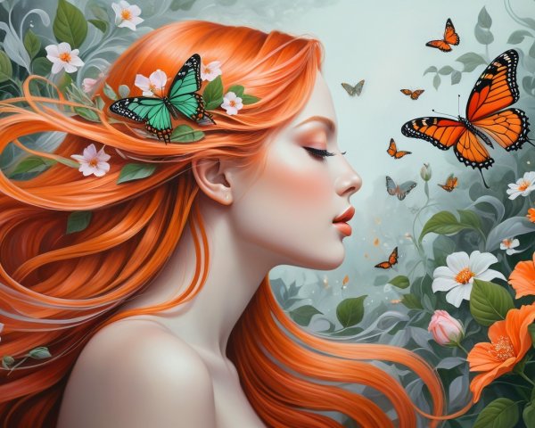 Young woman in garden with butterflies and flowers
