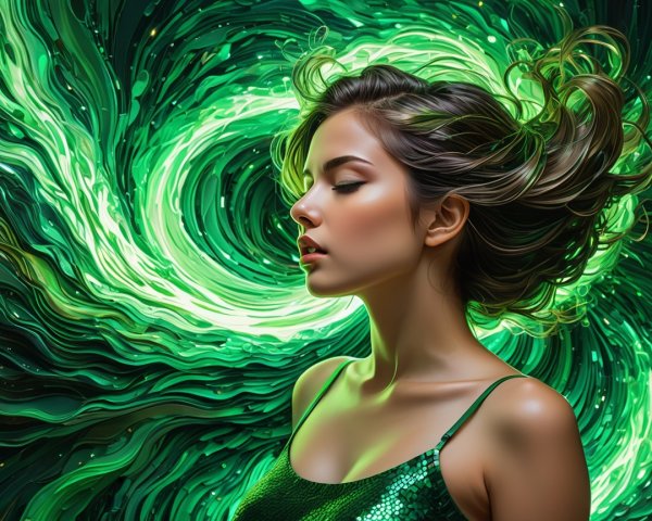 Elegant Woman with Flowing Hair in Dreamlike Setting