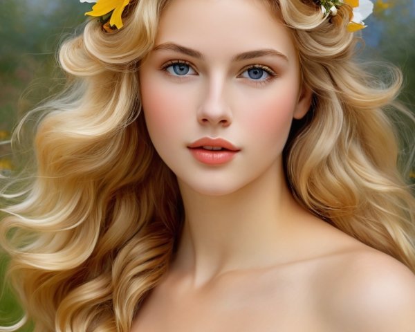 Young woman with blonde hair and floral crown in garden