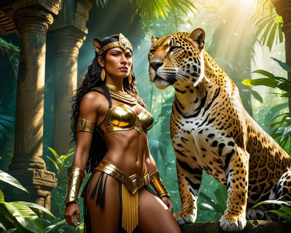 Warrior Woman in Gold Armor with Majestic Leopard