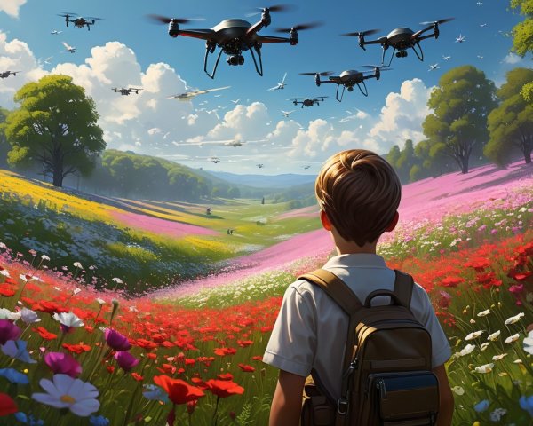 Young boy in flower-filled valley observes drones