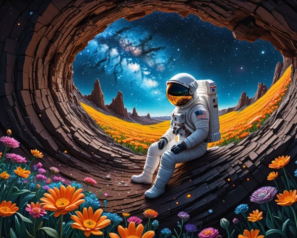 Astronaut Observing Colorful Landscape and Galaxy