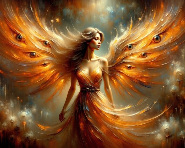 Majestic figure with fiery wings and flowing hair