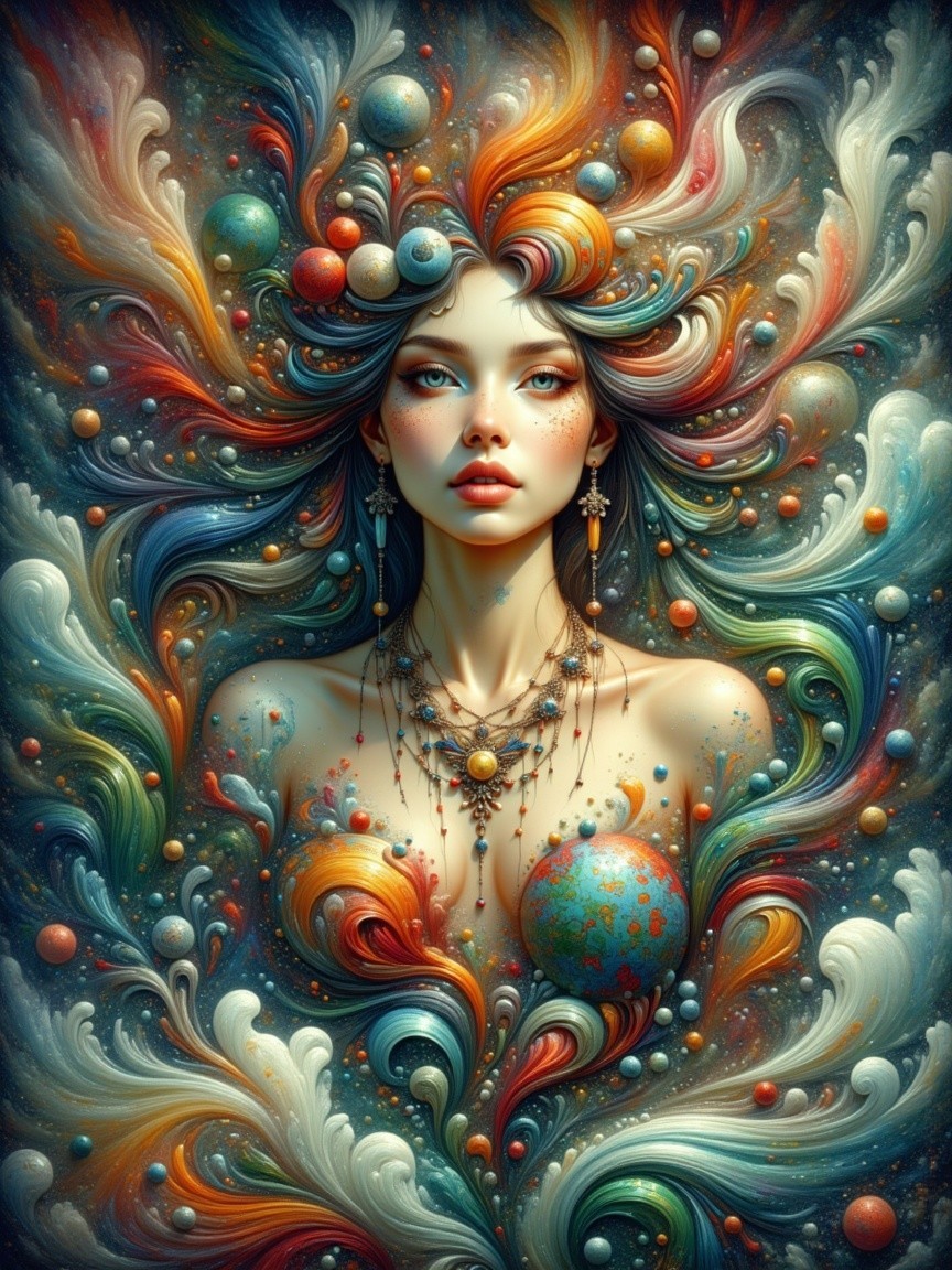Portrait of a woman with cosmic colors and jewelry
