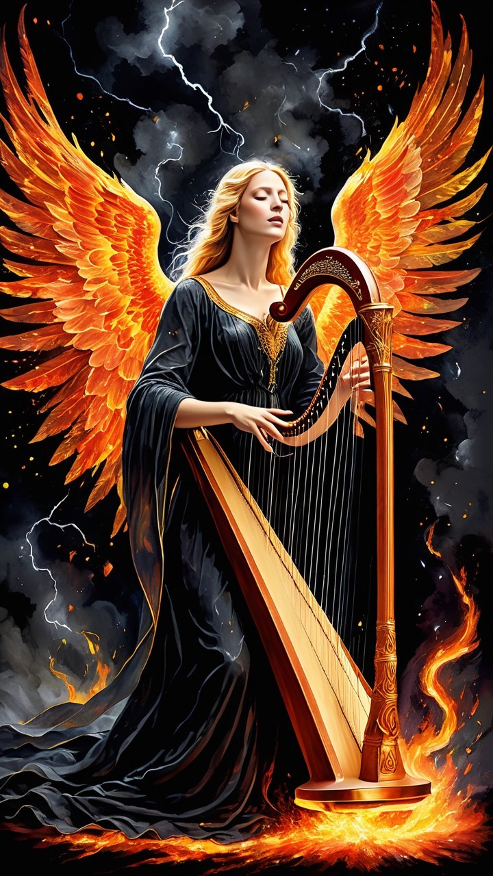 Celestial Figure with Orange Wings and Harp in Storm