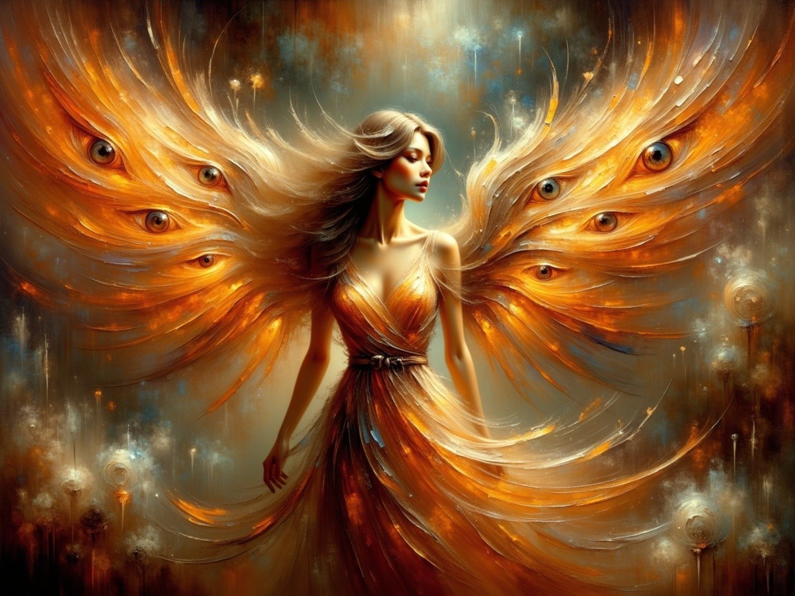 Majestic figure with fiery wings and flowing hair