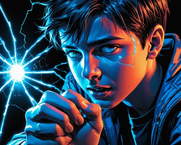 Young boy with glowing orb of energy in dark setting