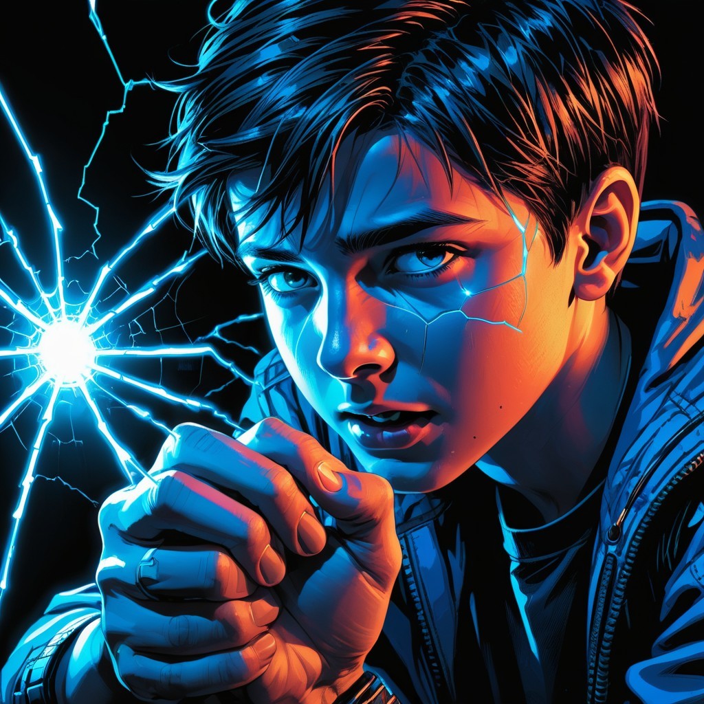 Young boy with glowing orb of energy in dark setting