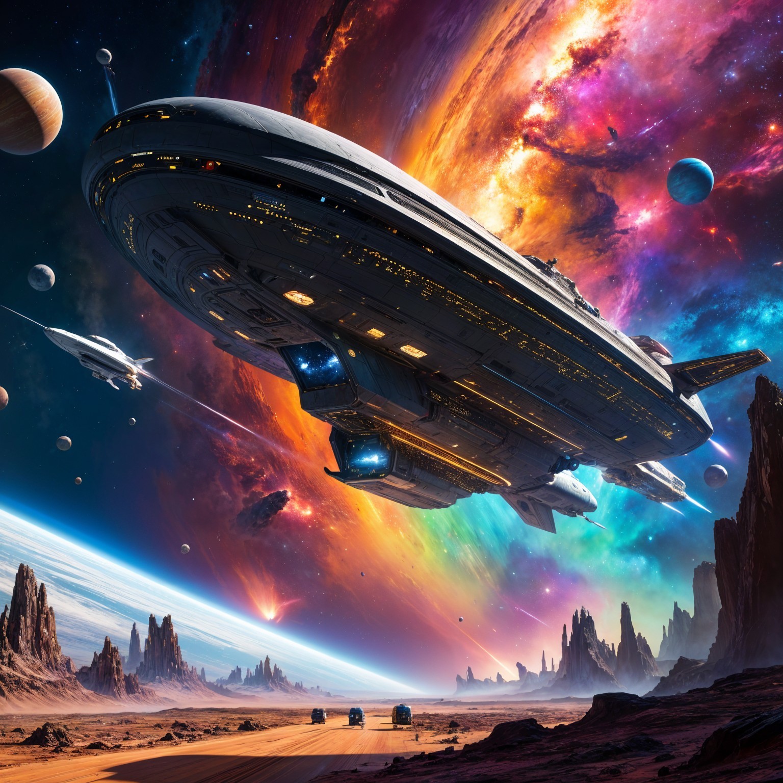 Futuristic Spaceship in Vibrant Cosmic Landscape