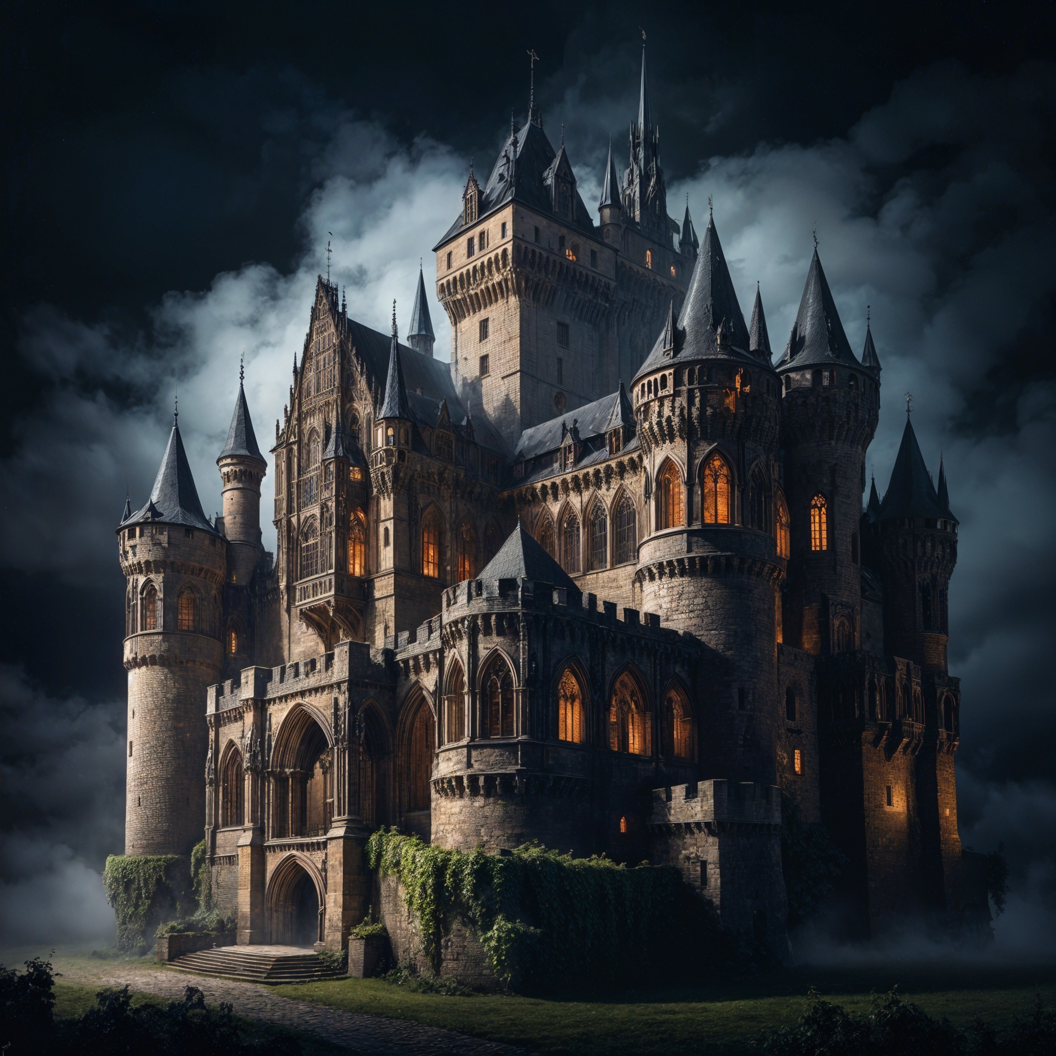 Medieval Castle Surrounded by Mist and Shadows