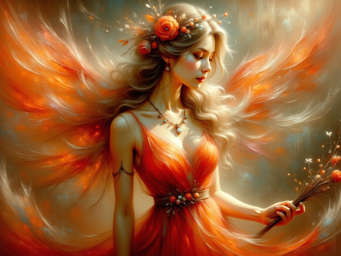 Elegant woman in orange dress with feathered wings