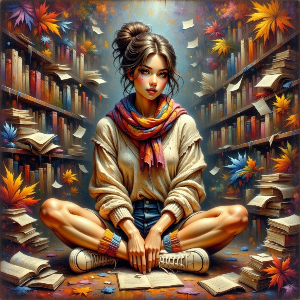 Cozy Library Scene with Young Woman and Books