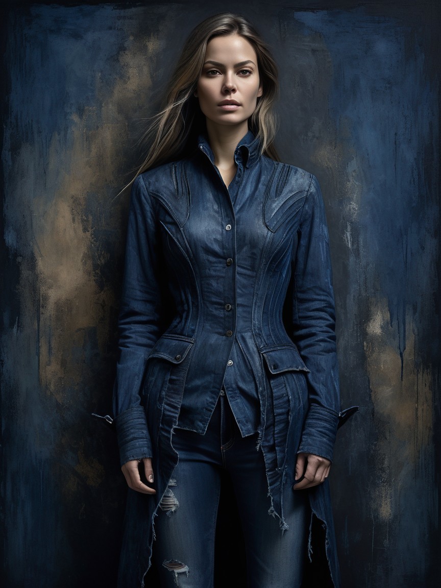 Confident Woman in Denim Jacket Against Dark Blue Background