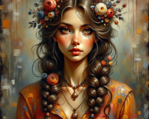 Portrait of a Young Woman with Braided Hair and Flowers