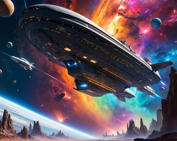 Futuristic Spaceship in Vibrant Cosmic Landscape