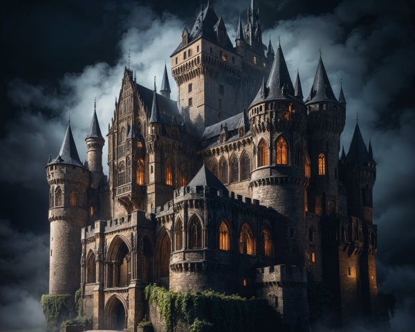 Medieval Castle Surrounded by Mist and Shadows