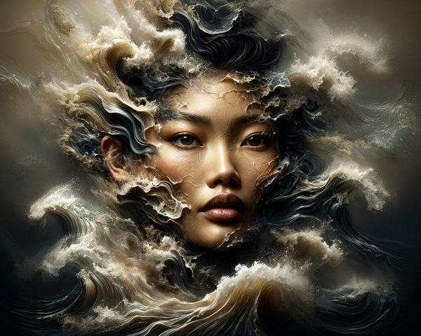 Ethereal Face Merging with Waves and Textures