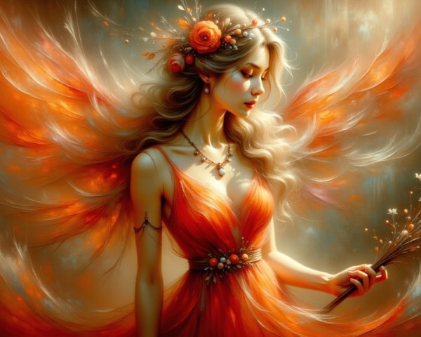Elegant woman in orange dress with feathered wings